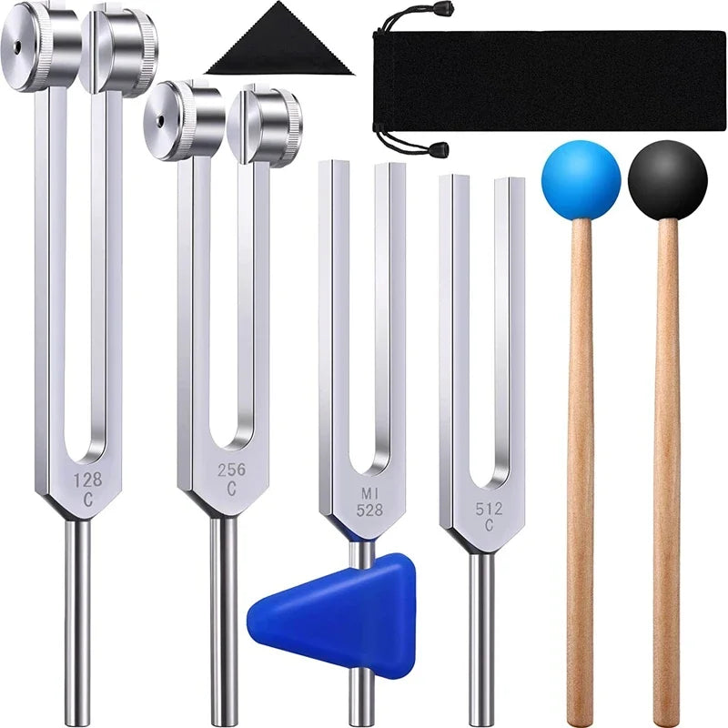 1/4 Pack Tuning Fork Set(128 Hz,256 Hz,512 Hz,528 Hz)With Tuning Fork Hammer for Sound Healing Sound Vibration Tools