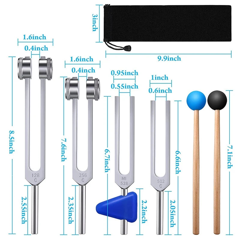 1/4 Pack Tuning Fork Set(128 Hz,256 Hz,512 Hz,528 Hz)With Tuning Fork Hammer for Sound Healing Sound Vibration Tools